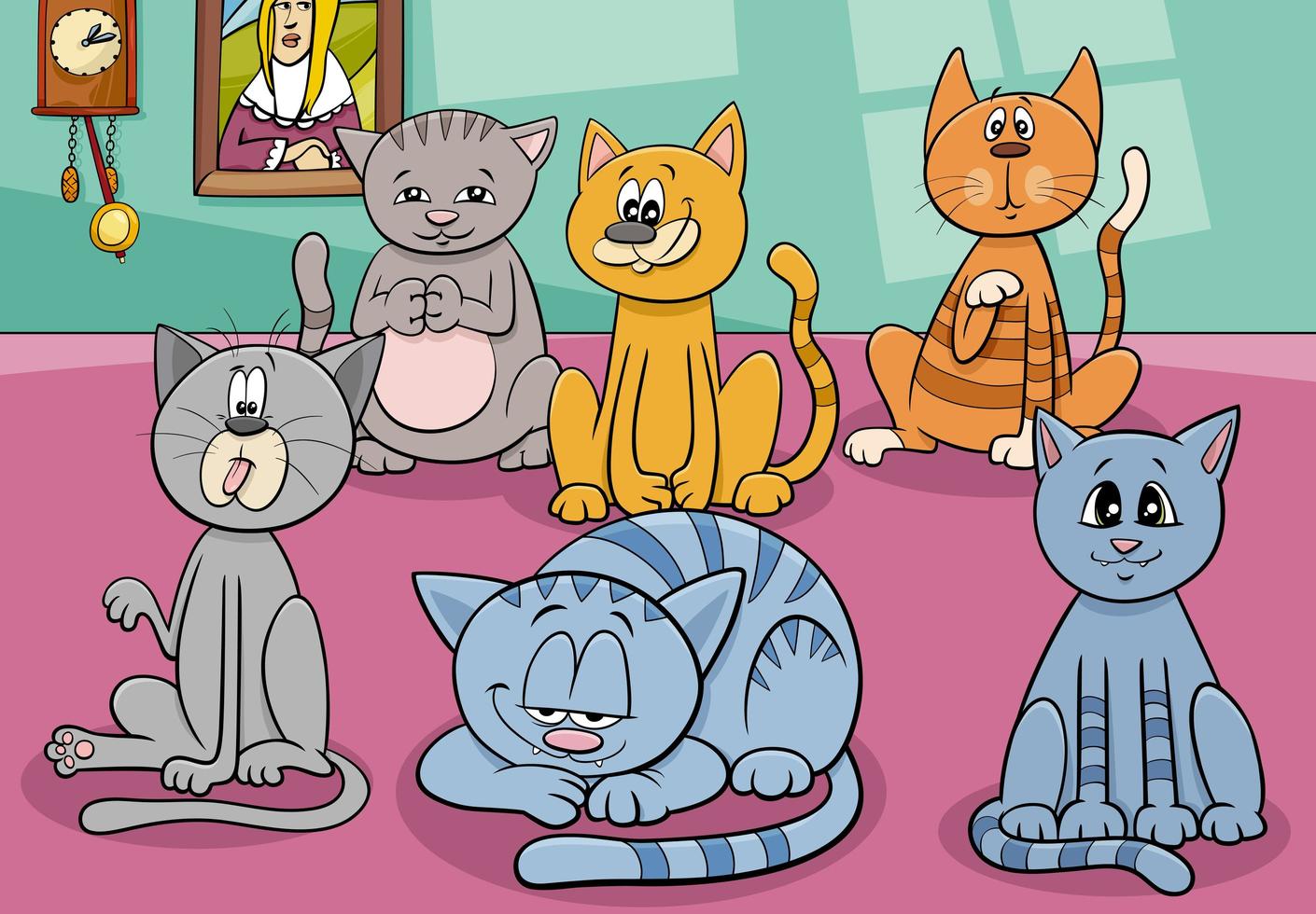 grupo de gatos en la casa ilustración de dibujos animados vector