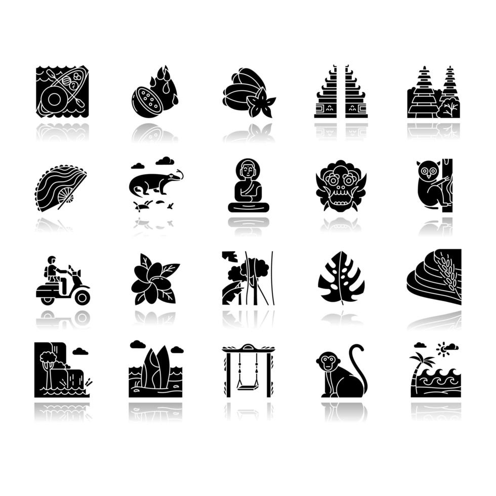 Indonesia drop shadow black glyph icons set. Tropical country animals. Trip to Indonesian islands. Exotic culture. Unique fruits, plants. Nature and architecture wonders. Isolated vector illustrations