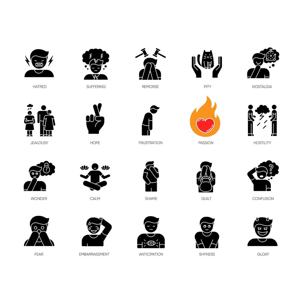 sentimientos humanos iconos de glifo negro en espacio en blanco vector