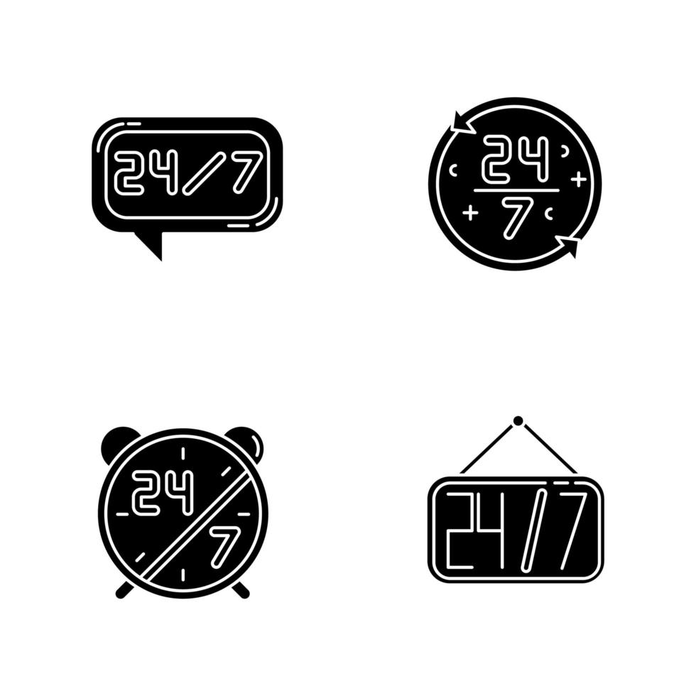 24 7 hour service black glyph icons set on white space. Online all day customer support. 24 hrs call center. Alarm clock with numbers. Silhouette symbols. Vector isolated illustration