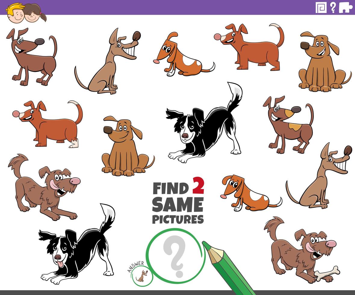 Encuentra dos personajes del mismo perro para niños. vector