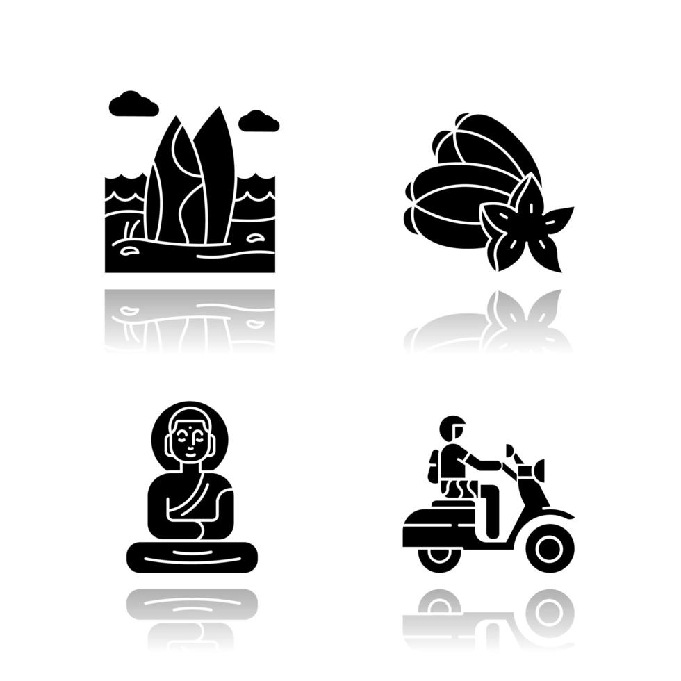 Indonesia drop shadow black glyph icons set. Tropical country seaside. Vacation in Indonesia. Exotic traditions, culture. Unique fruits. Bali sightseeing and culture. Isolated vector illustrations