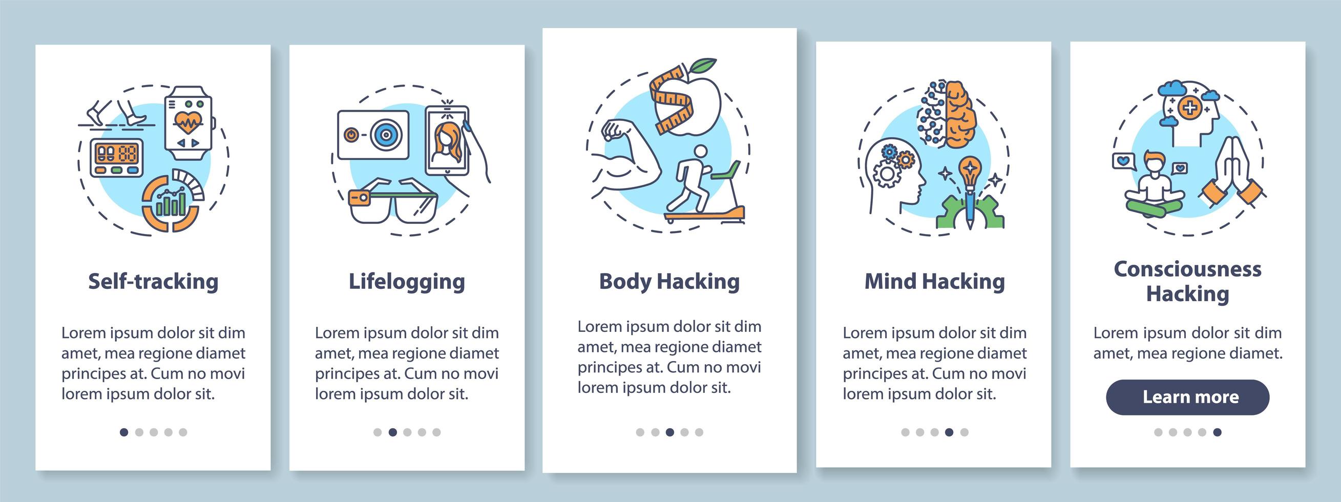 Biohacking elements onboarding mobile app page screen with concepts vector
