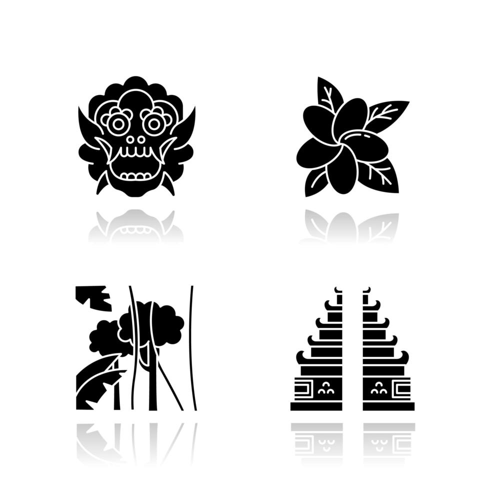 Indonesia drop shadow black glyph icons set. Tropical country plants. Vacation in Indonesia. Exploring traditions, culture. Unique flora. Bali sightseeing, architecture. Isolated vector illustrations