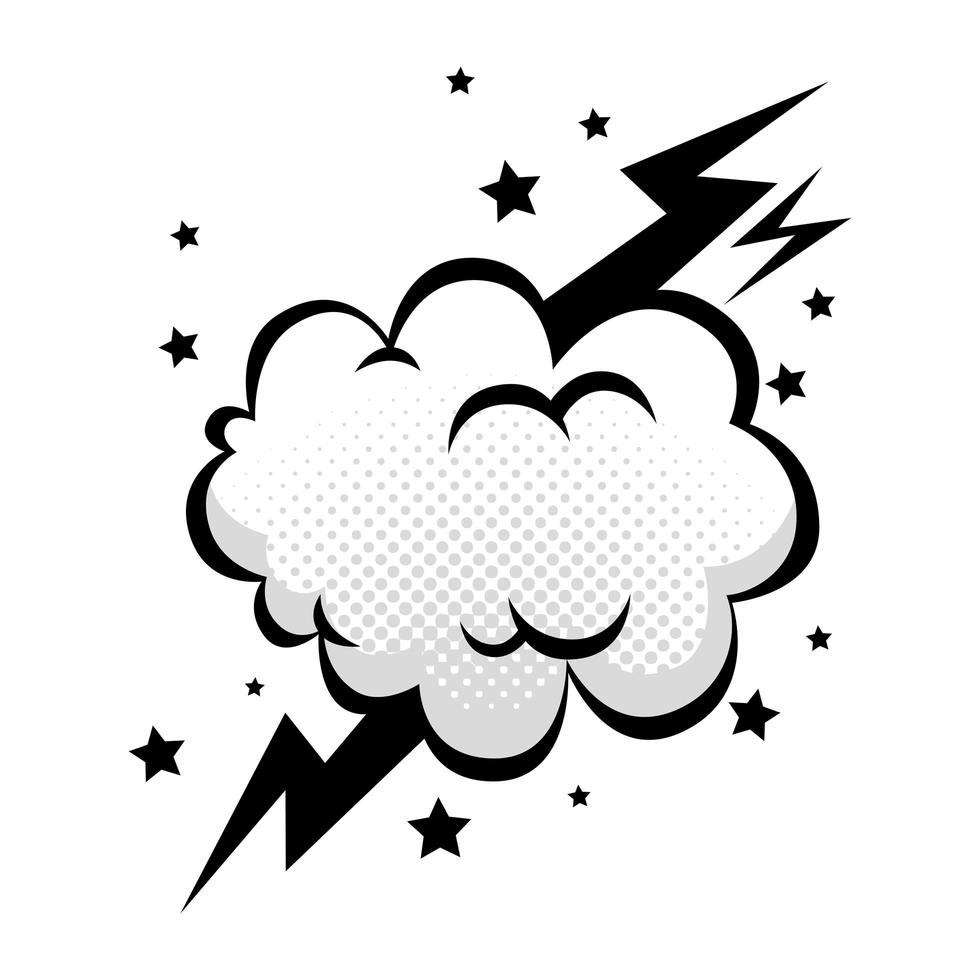 cloud with thunderbolt and stars pop art style icon vector