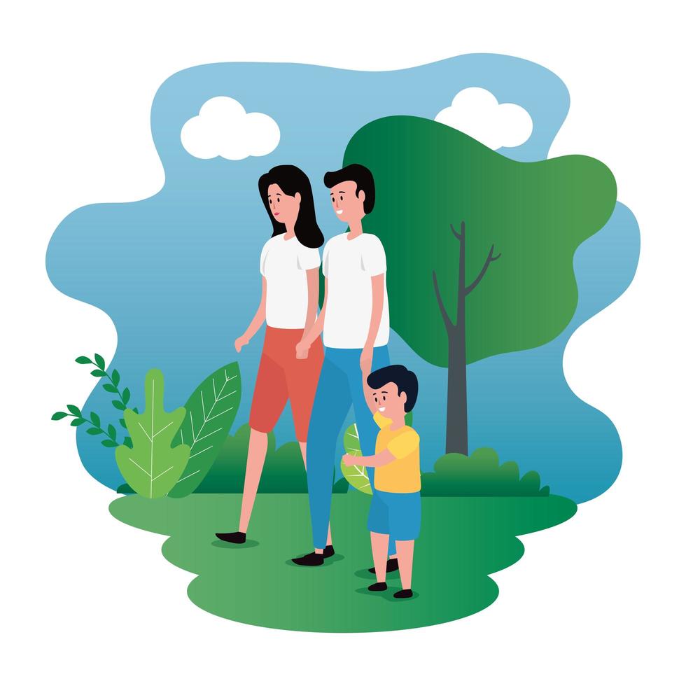 parents couple with little son on the park characters vector