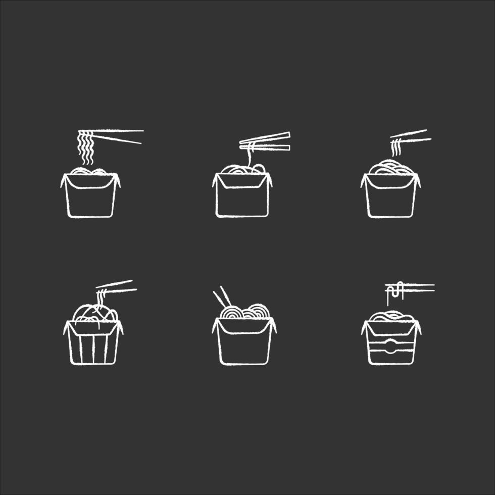 Quitar fideos tiza iconos blancos en fondo negro. comida china para llevar. paquetes de wok cafe. cajas de cartón con comida asiática para llevar y palillos. ilustraciones de pizarra vector aislado