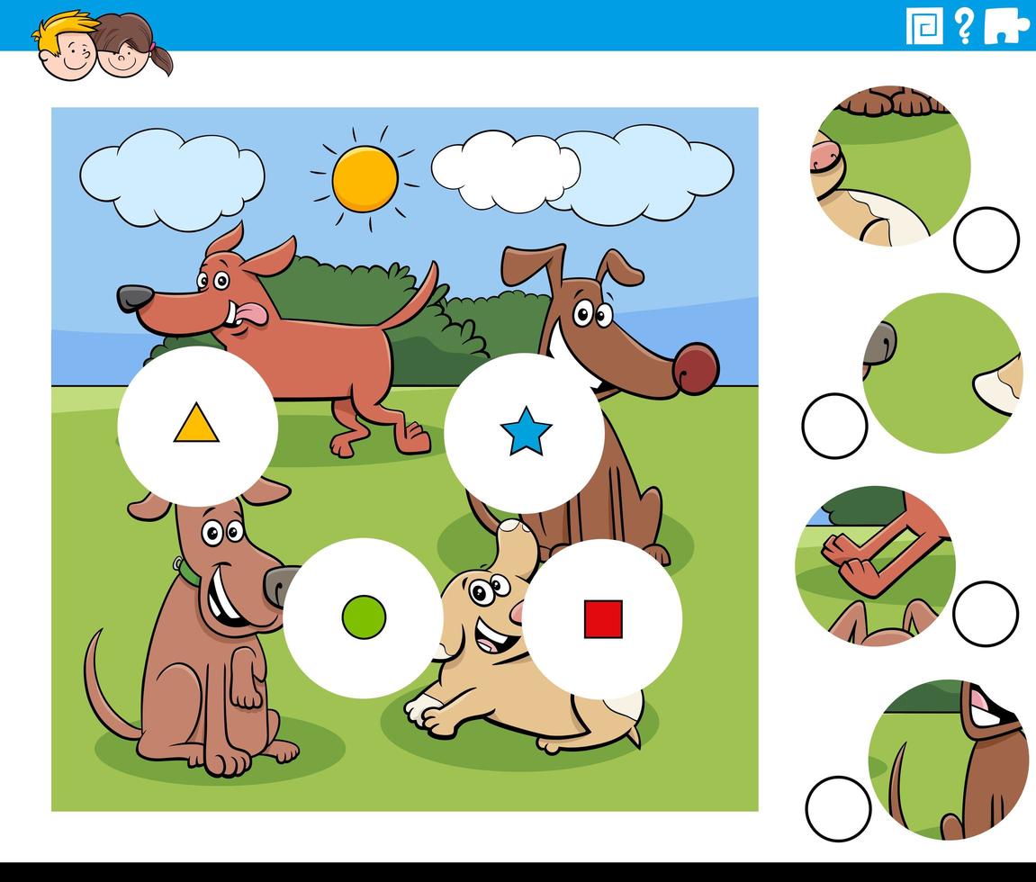 Juego de rompecabezas de piezas de combinación con grupo de perros de dibujos animados vector