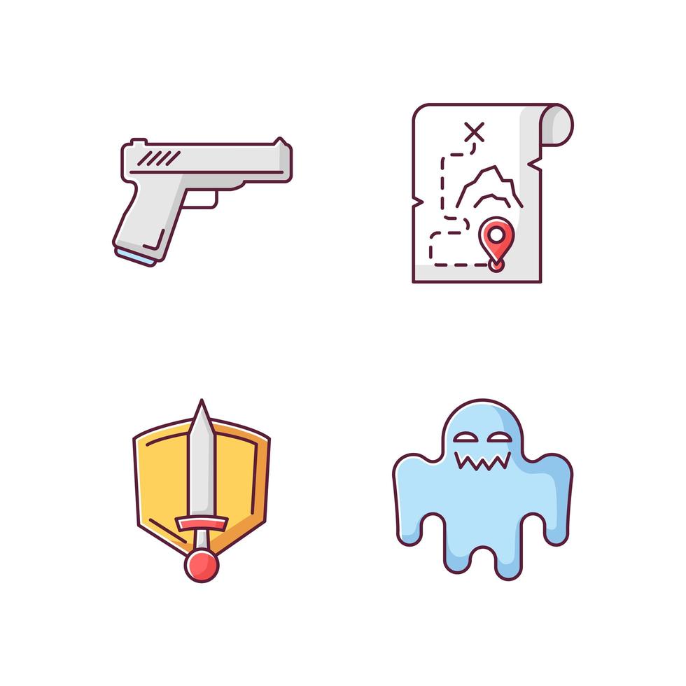 Common movie genres RGB color icons set. Action flicks, adventure, history epic and horror films. vector