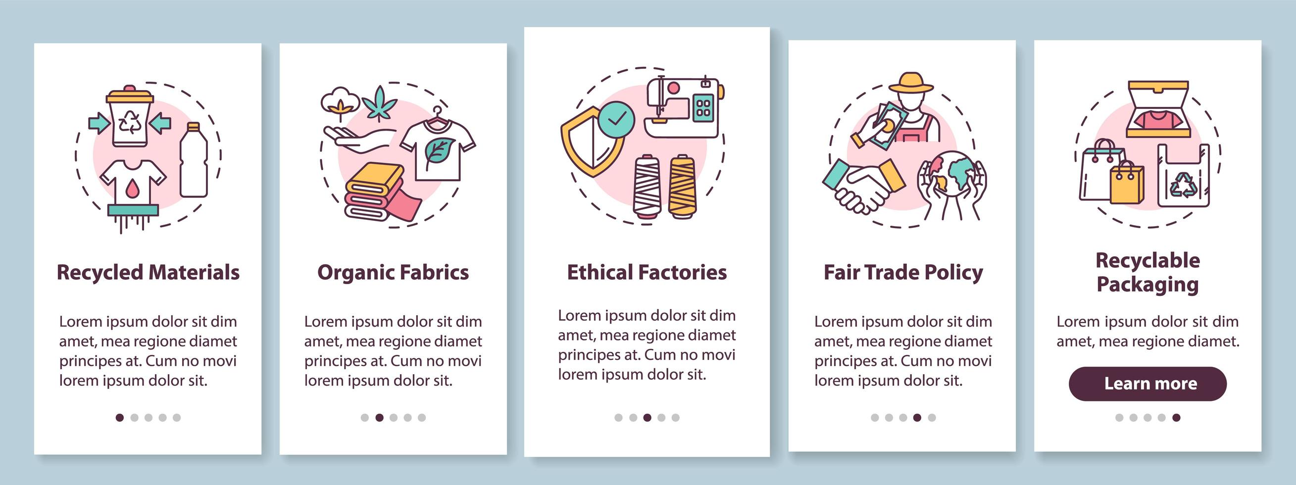 Ethical production onboarding mobile app page screen with concepts vector