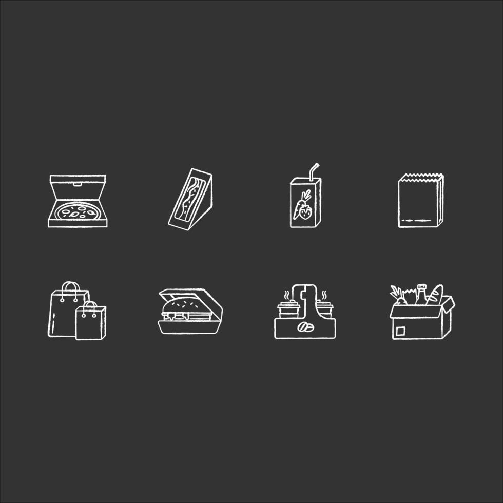 Takeaway food chalk white icons set on black background. Carry out packages for meal. Fast food delivery. Packed pizza, sandwich, hamburger. Takeout lunch. Isolated vector chalkboard illustrations