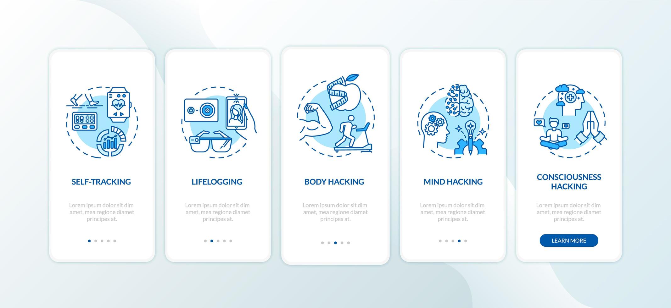 Biohacking elements onboarding mobile app page screen with concepts vector