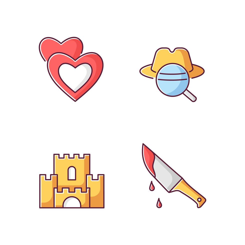 Popular movie types RGB color icons set. Romantic films, detective mystery, fantasy and thriller. vector