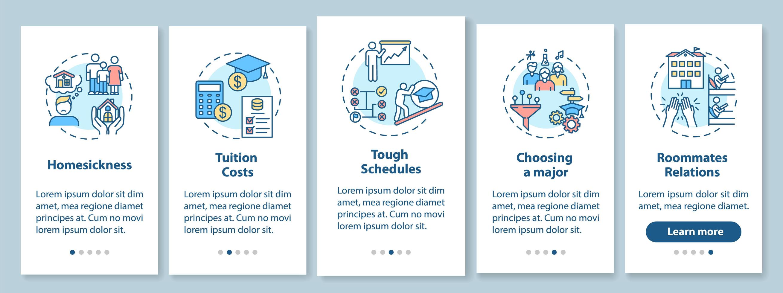 College living difficulty onboarding mobile app page screen with concepts vector