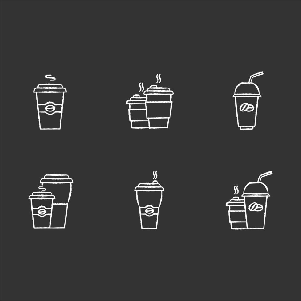 Coffee to go chalk white icons set on black background. Disposable plastic cups with caffeine drinks. Take out cold and hot beverages. Latte, cappuccino mugs. Isolated vector chalkboard illustrations