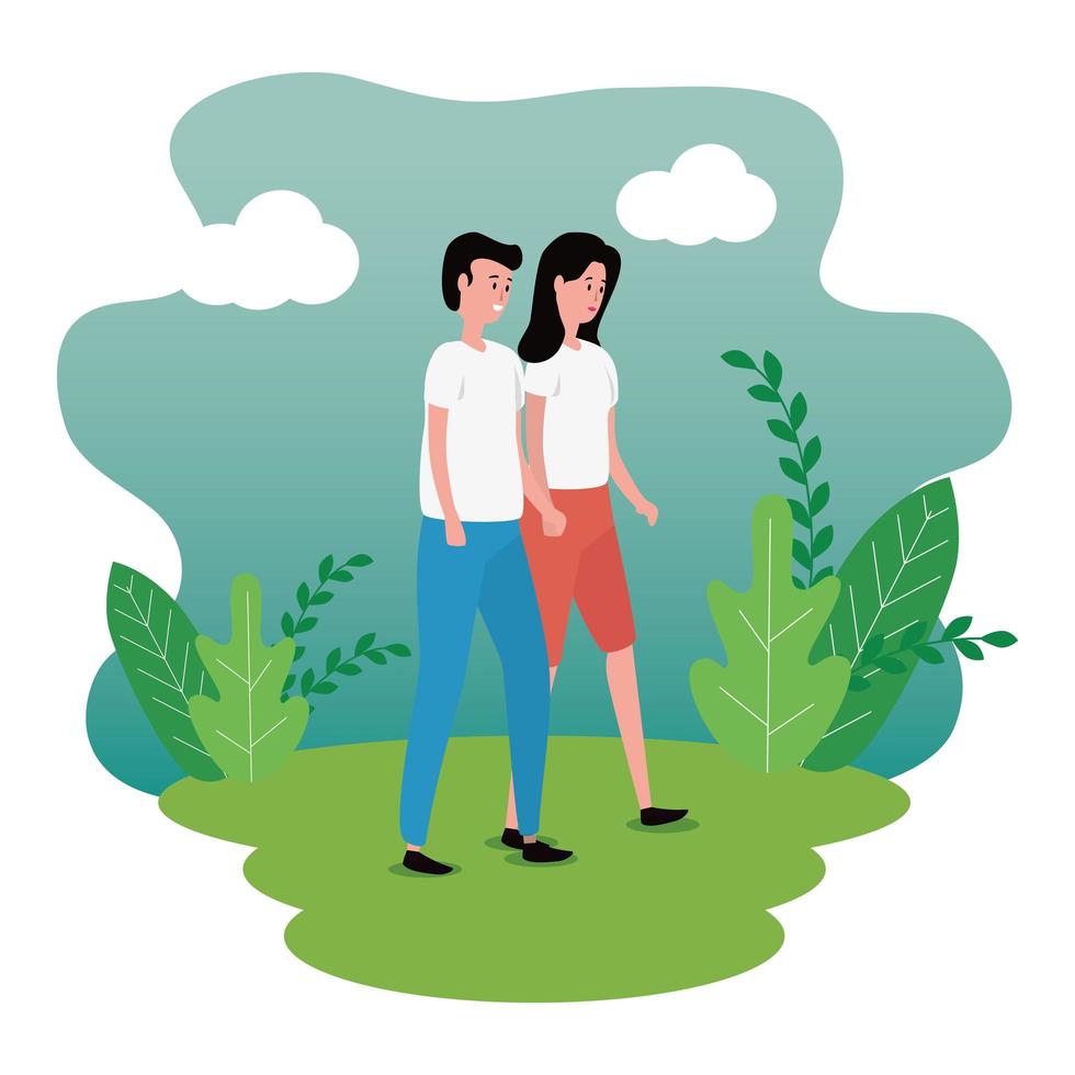 cute lovers couple on the park characters vector