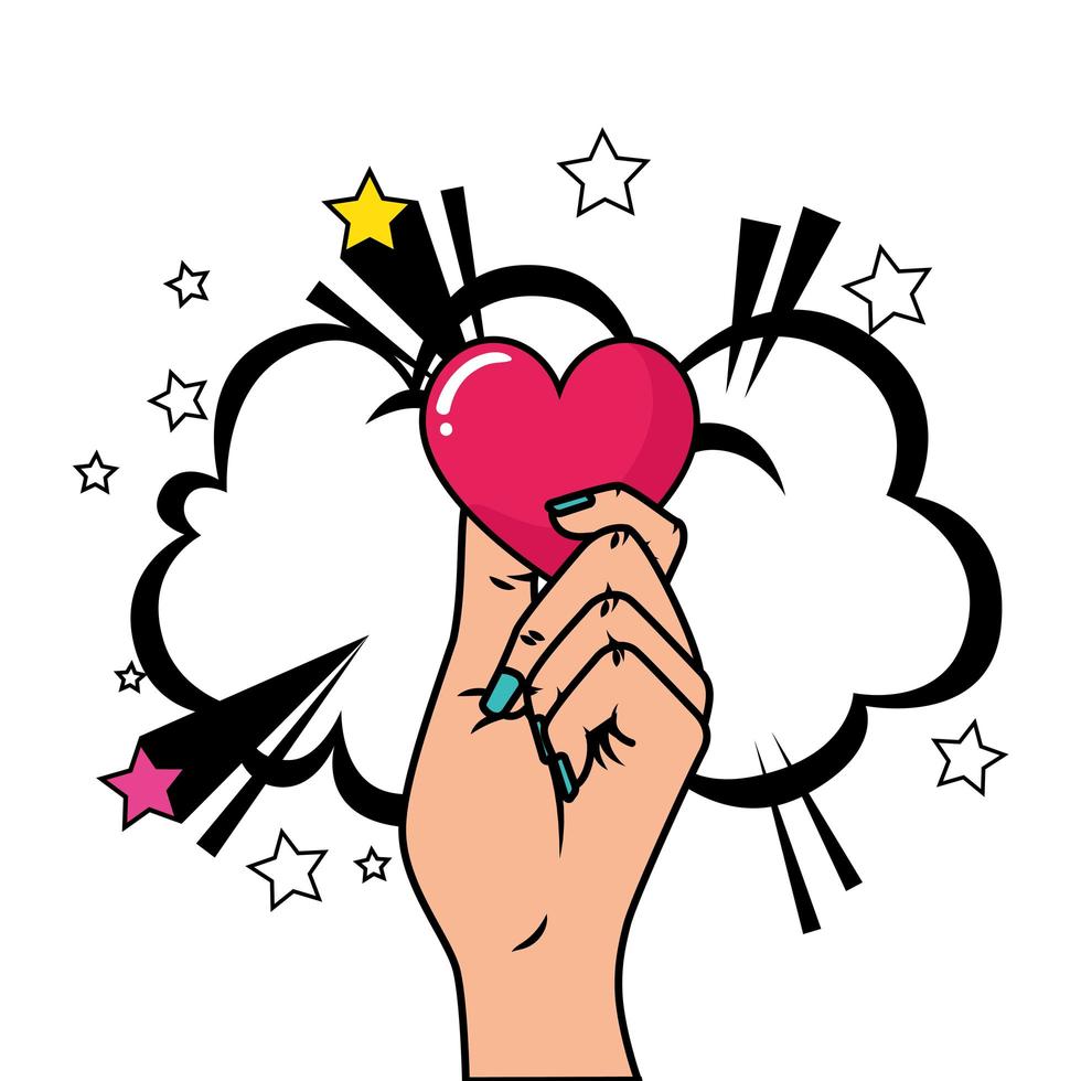 hand with heart and cloud pop art style vector