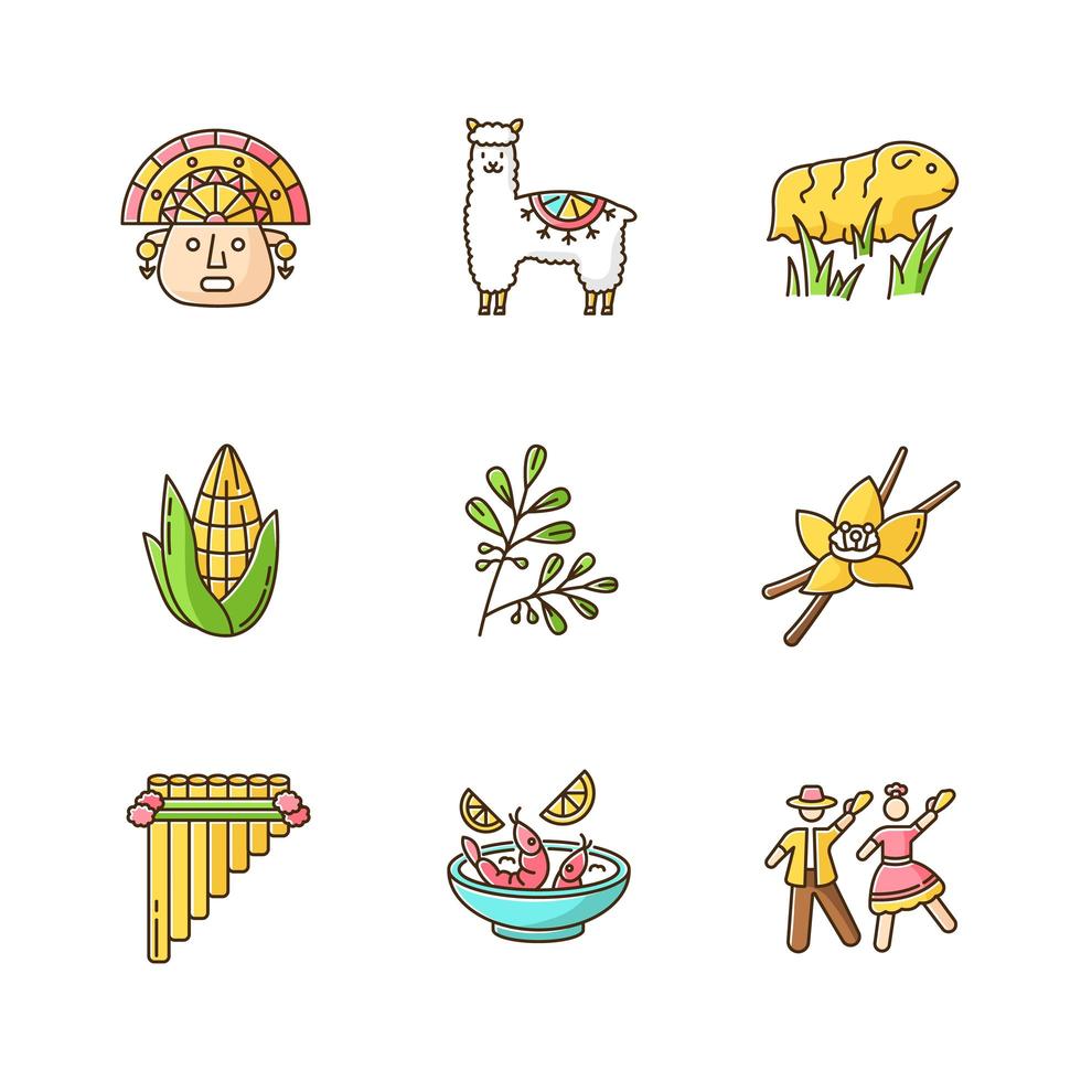 Peru RGB color icons set. Hispanic history, agriculture, livestock, traditions, culture, cuisine. Incas, alpaca, guinea pig, corn, coca, vanilla, ceviche, marinera. Isolated vector illustrations