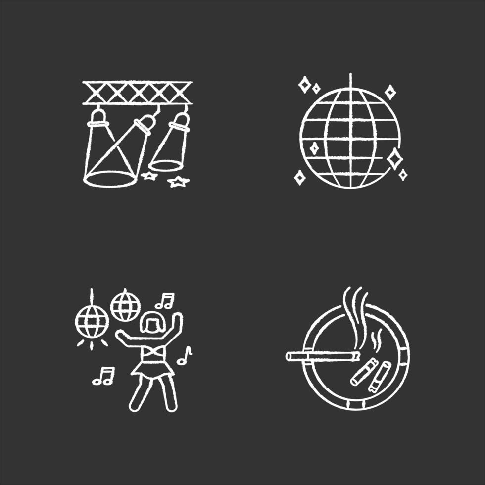 Nightclub recreation chalk white icons set on black background. Night club entertainment, clubbing. Light show, disco ball, go go dancer and ashtray isolated vector chalkboard illustrations