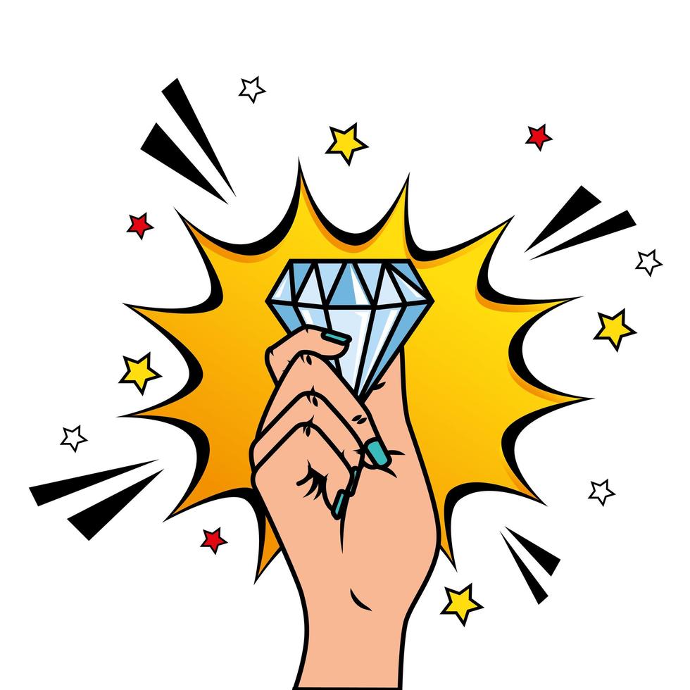 hand with diamond and explosion pop art style icon vector