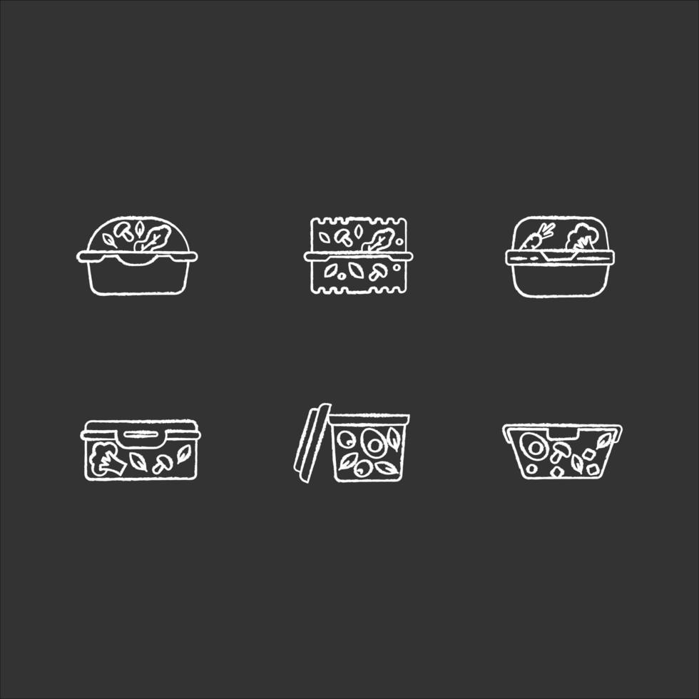 Plastic salad containers chalk white icons set on black background. Reusable food packages. Lunch boxes. Packed dinner. Take out meal storage. Isolated vector chalkboard illustrations