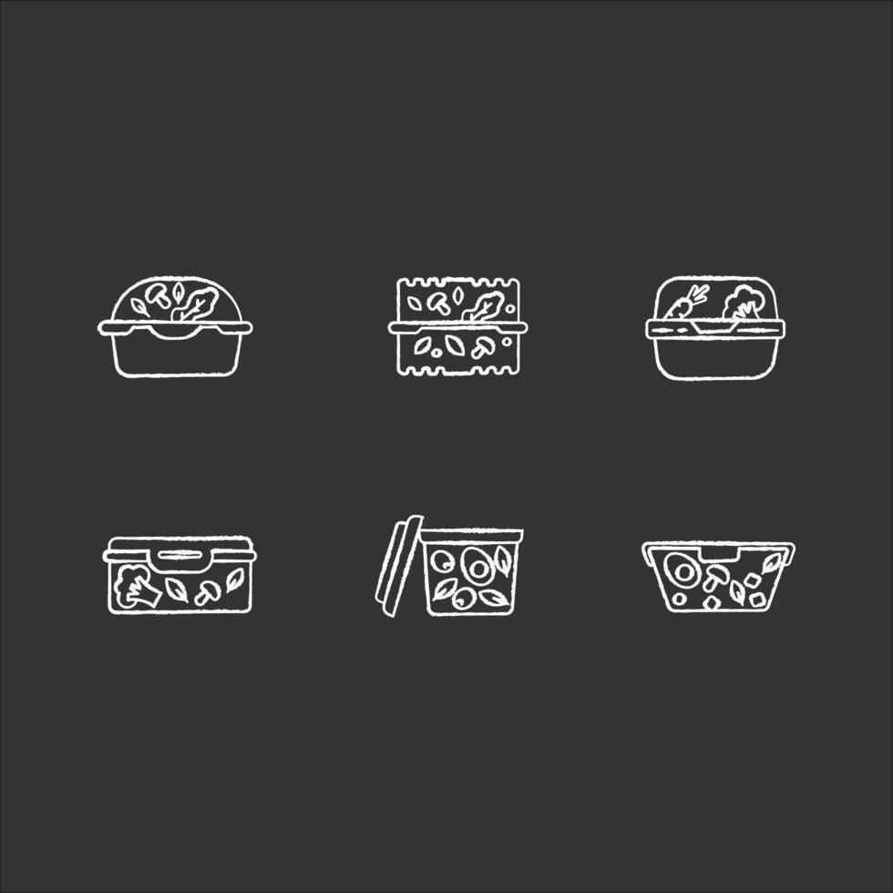 Plastic salad containers chalk white icons set on black background. Reusable food packages. Lunch boxes. Packed dinner. Take out meal storage. Isolated vector chalkboard illustrations