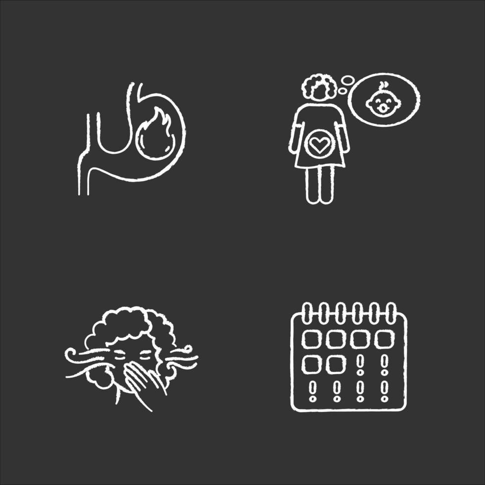 Early pregnancy symptom chalk white icons set on black background. Heartburn in stomach. Feeling pregnant. Smell sensitivity. Missed menstruation. Isolated vector chalkboard illustrations