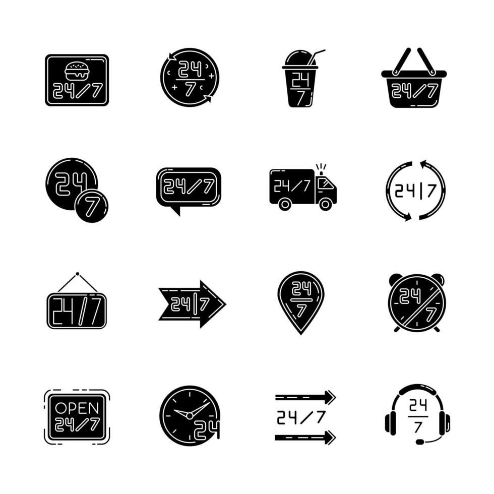 24 7 hour service black glyph icons set on white space. Burger cafe open all day. 24 hrs available delivery. Around the clock helpline. Silhouette symbols. Vector isolated illustration