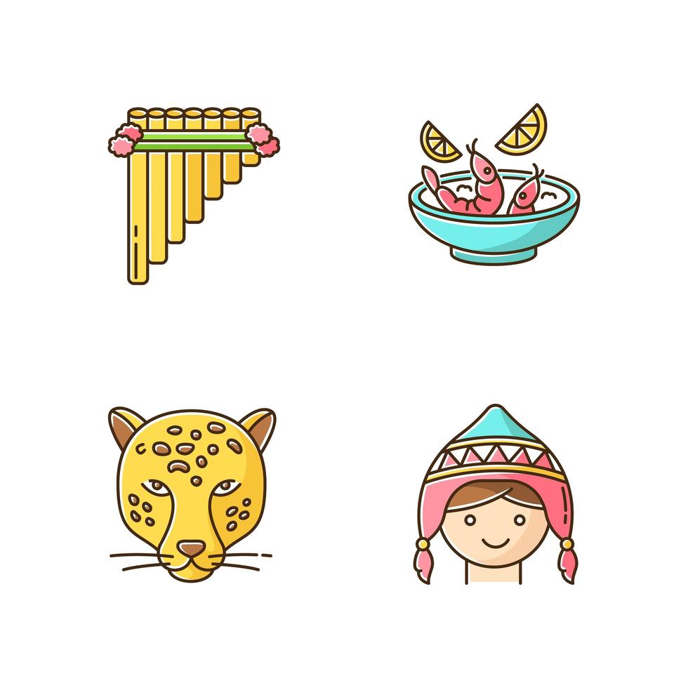 Peru RGB color icons set. Peruvian art, cuisine, animal world, costume. Siku, ceviche, jaguar, chullo hat. Customs of andean culture. Traveling in hispanic country. Isolated vector illustrations