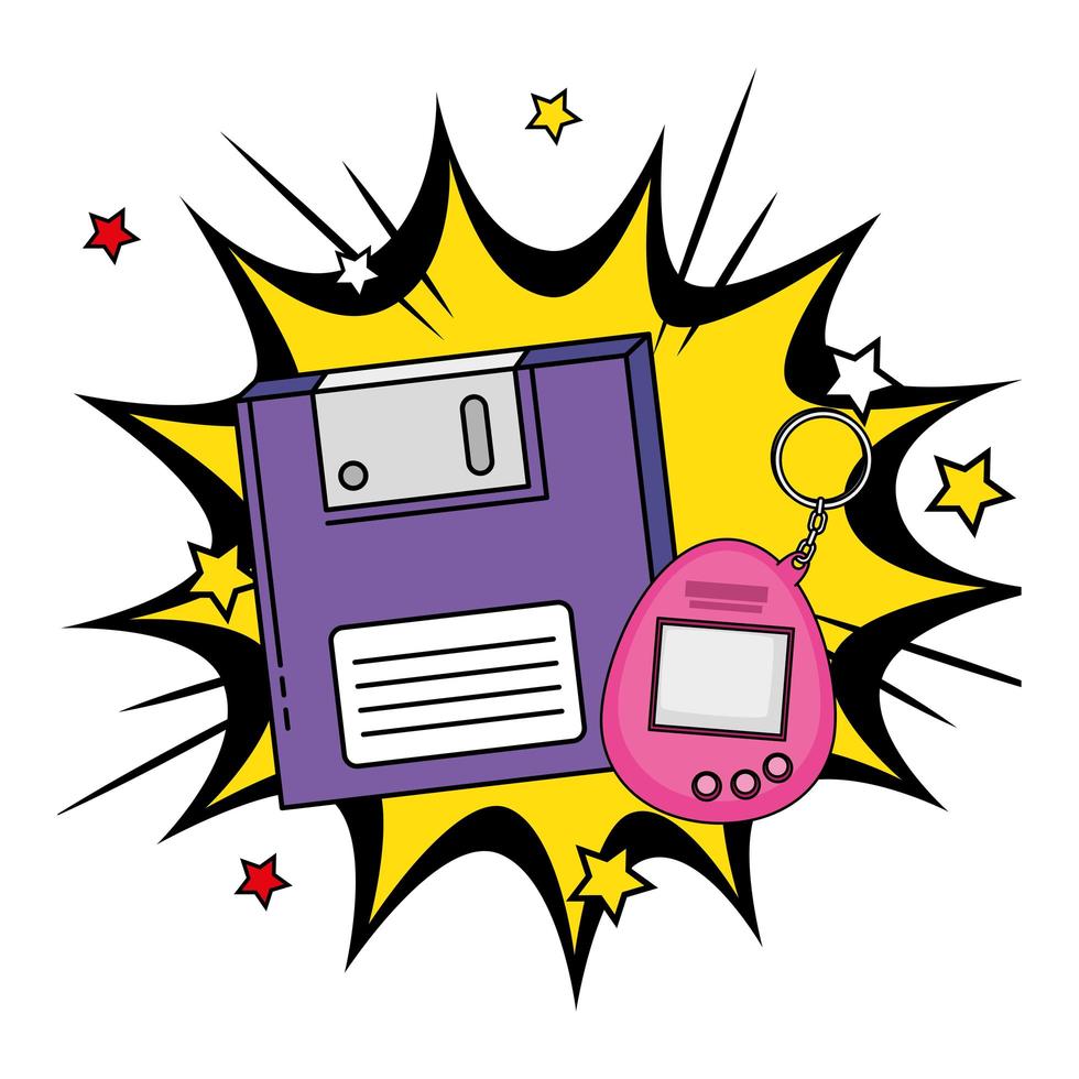 floppy with video game mascot of nineties in explosion pop art vector