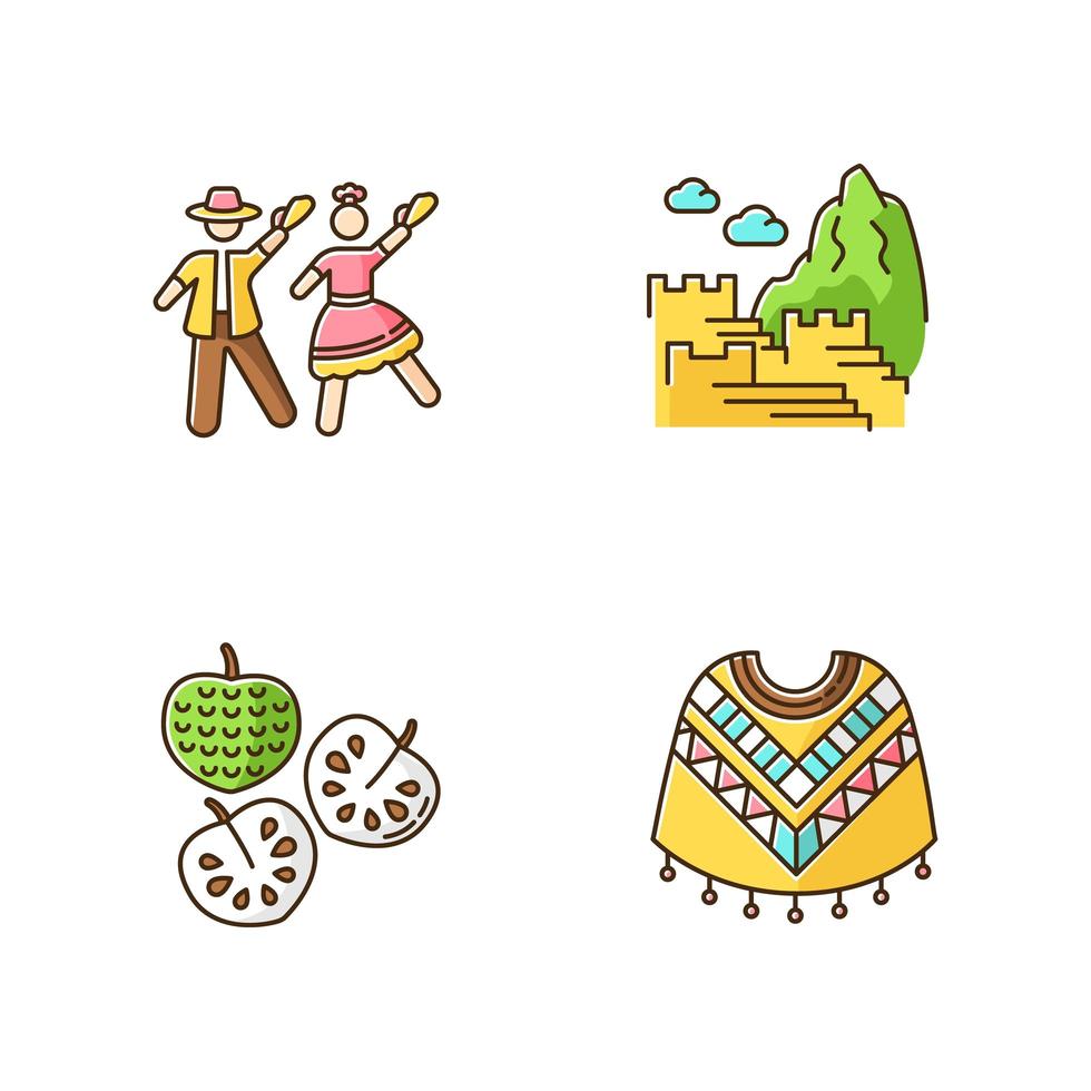 Peru RGB color icons set. Mixture of Spanish and Native American traditions. Andean tourist attractions. Marinera, Machu Picchu, cherimoya, poncho. Trip in Latin America. Isolated vector illustrations