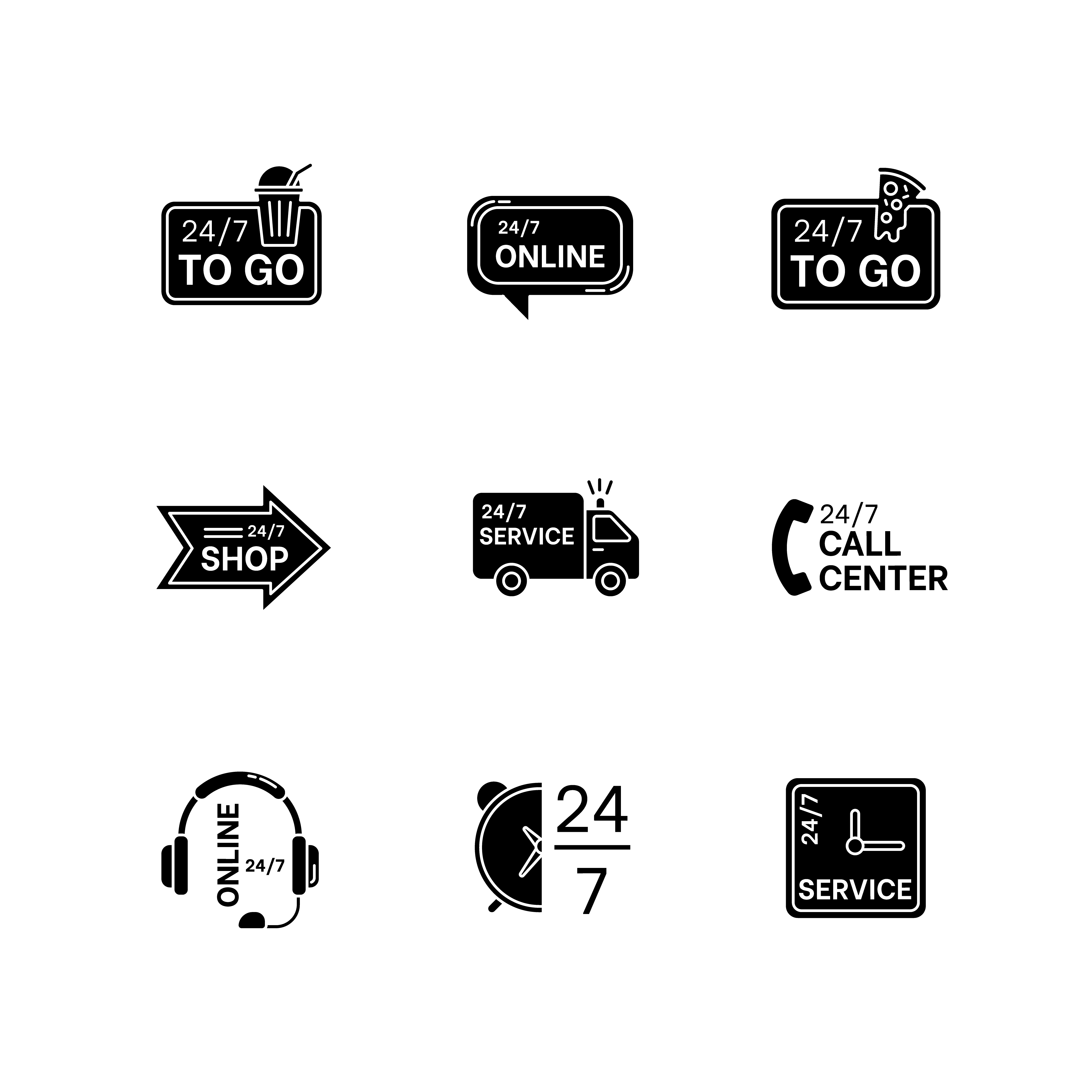 24 7 hour service black glyph icons set on white space. Online 24 hrs ...