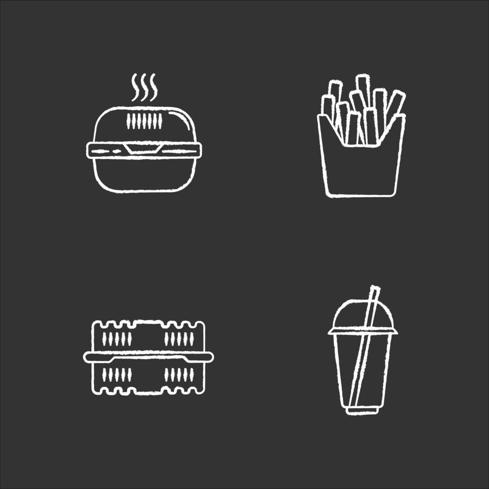 paquetes de comida para llevar tiza iconos blancos en fondo negro. caja de cartón de hamburguesa, recipiente de plástico vacío, vaso desechable con pajita, paquete de papas fritas. ilustraciones de pizarra vector aislado