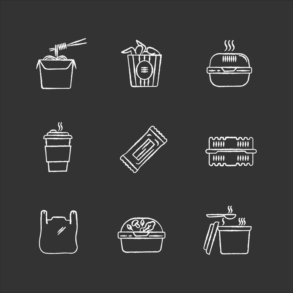 Takeaway food packages chalk white icons set on black background. Noodles, bucket of wings. Burger, coffee to go, bar, plastic container. Bag with handles. Isolated vector chalkboard illustrations