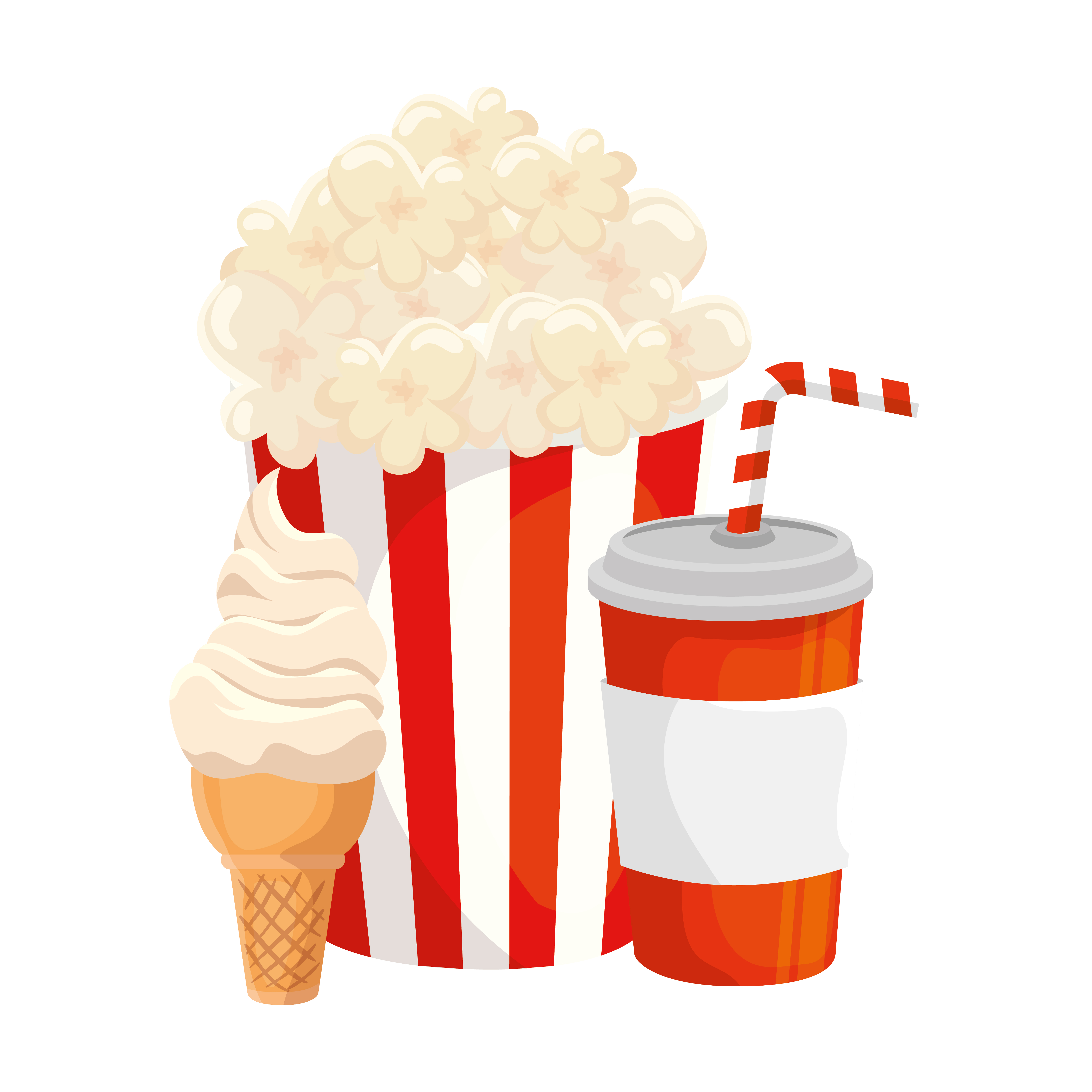 delicious popcorn in container with drink and ice cream isolated icon