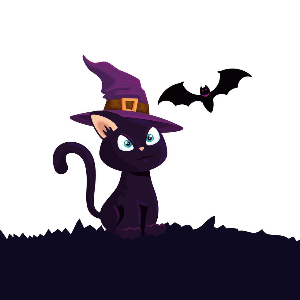 gato de halloween con sombrero de bruja y murciélago volando vector