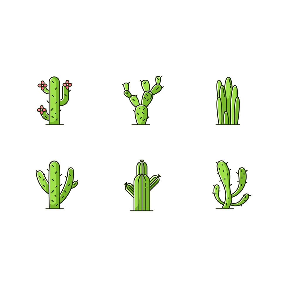 Cactuses green RGB color icons set. American desert plants with fleshy trunks. Family Cactaceae. Different prickly succulents. Arid area thorny wildflowers. Isolated vector illustrations