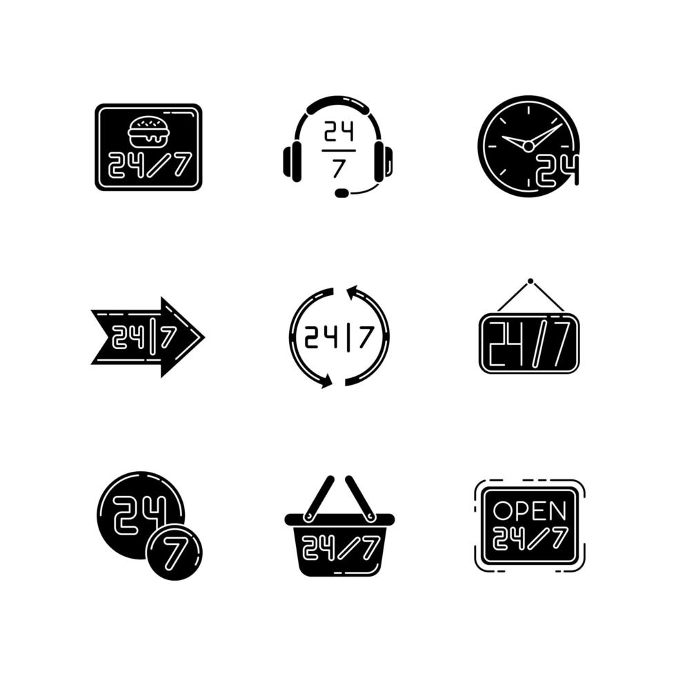24 7 hour service black glyph icons set on white space. Twenty four seven circle sign. Around the clock working hours of store. Arrow signage. Silhouette symbols. Vector isolated illustration