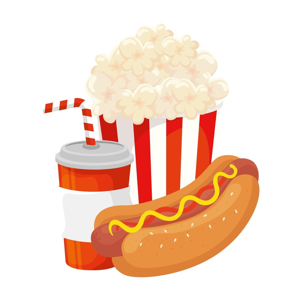 delicioso hot dog con bebida y palomitas de maíz icono de comida rápida vector