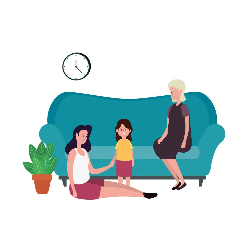 cute grandmothers with granddaughter in the sofa characters vector