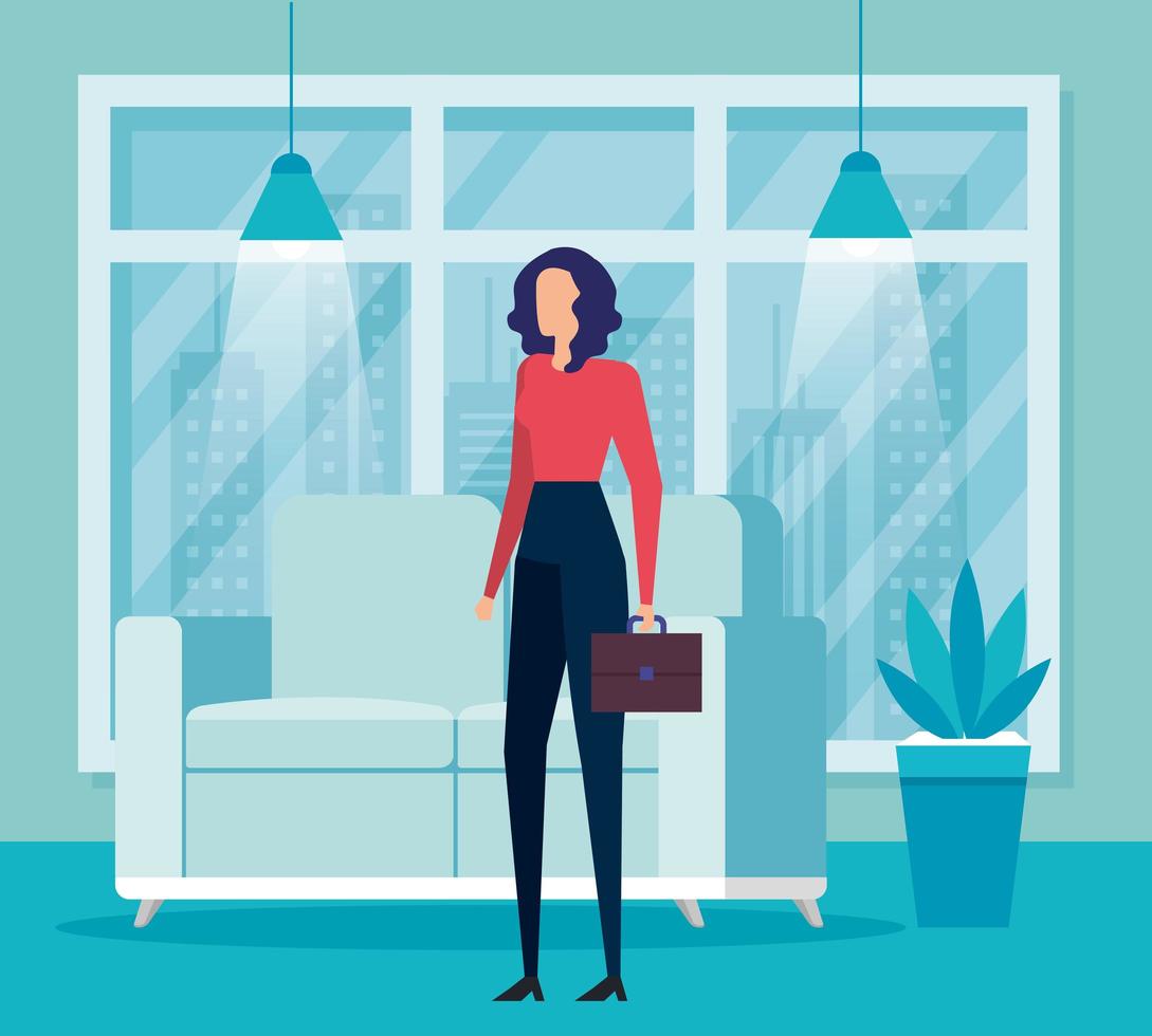 elegant businesswoman worker with portfolio in livingroom vector