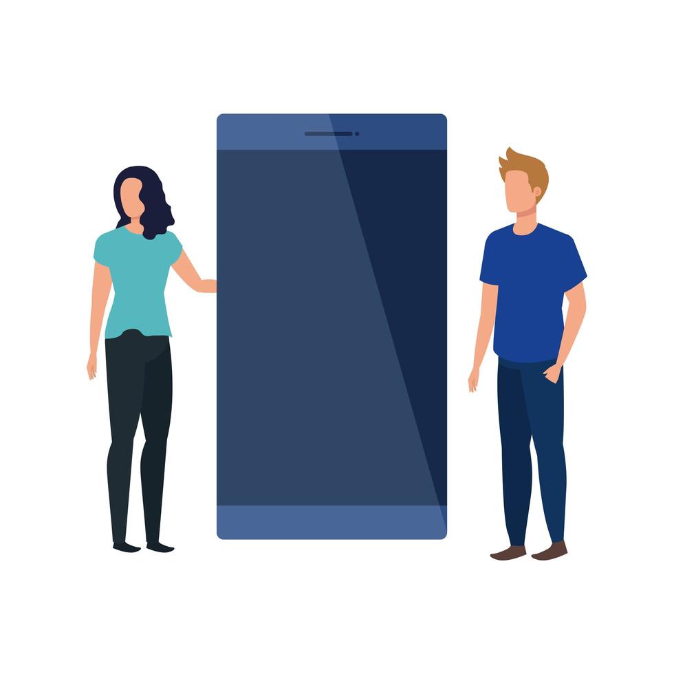 young couple with smartphone characters vector
