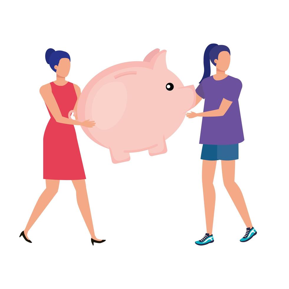 young women with piggy savings characters vector