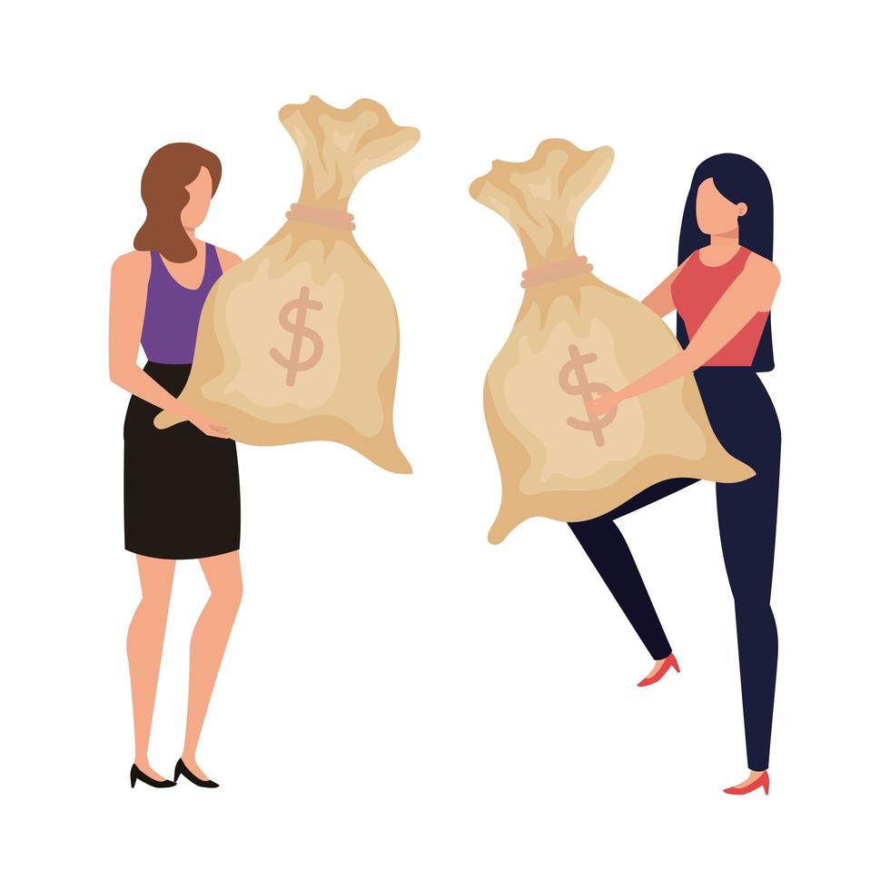young women with money sacks characters vector