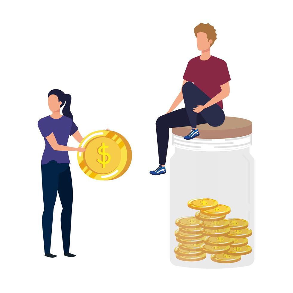 young couple with coins money in mason jar vector