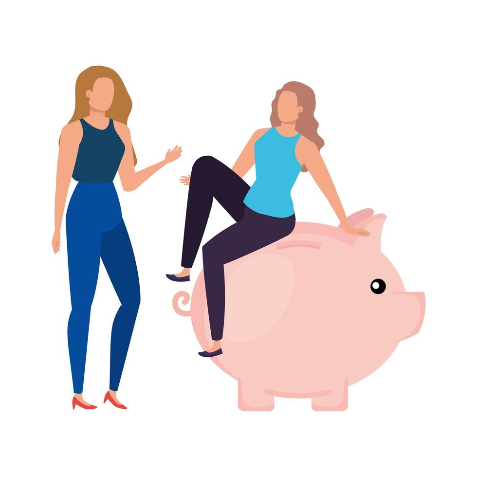 young women with piggy savings characters vector