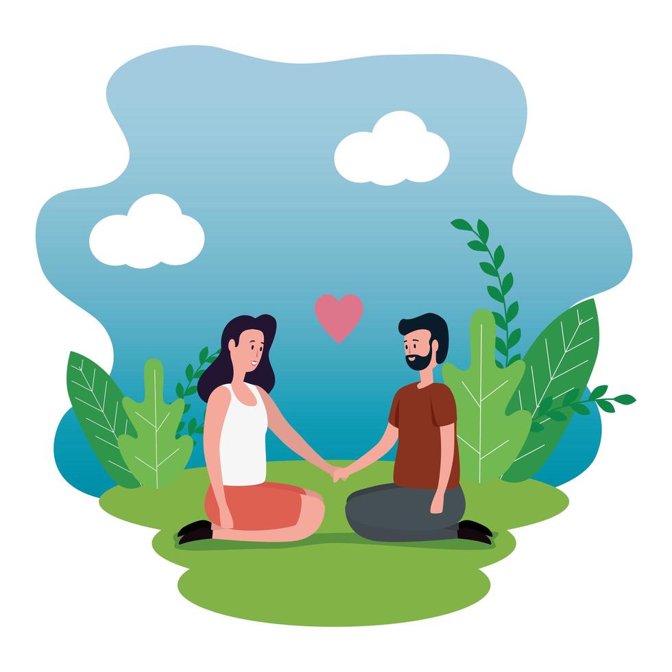 cute lovers couple seated on the park characters vector