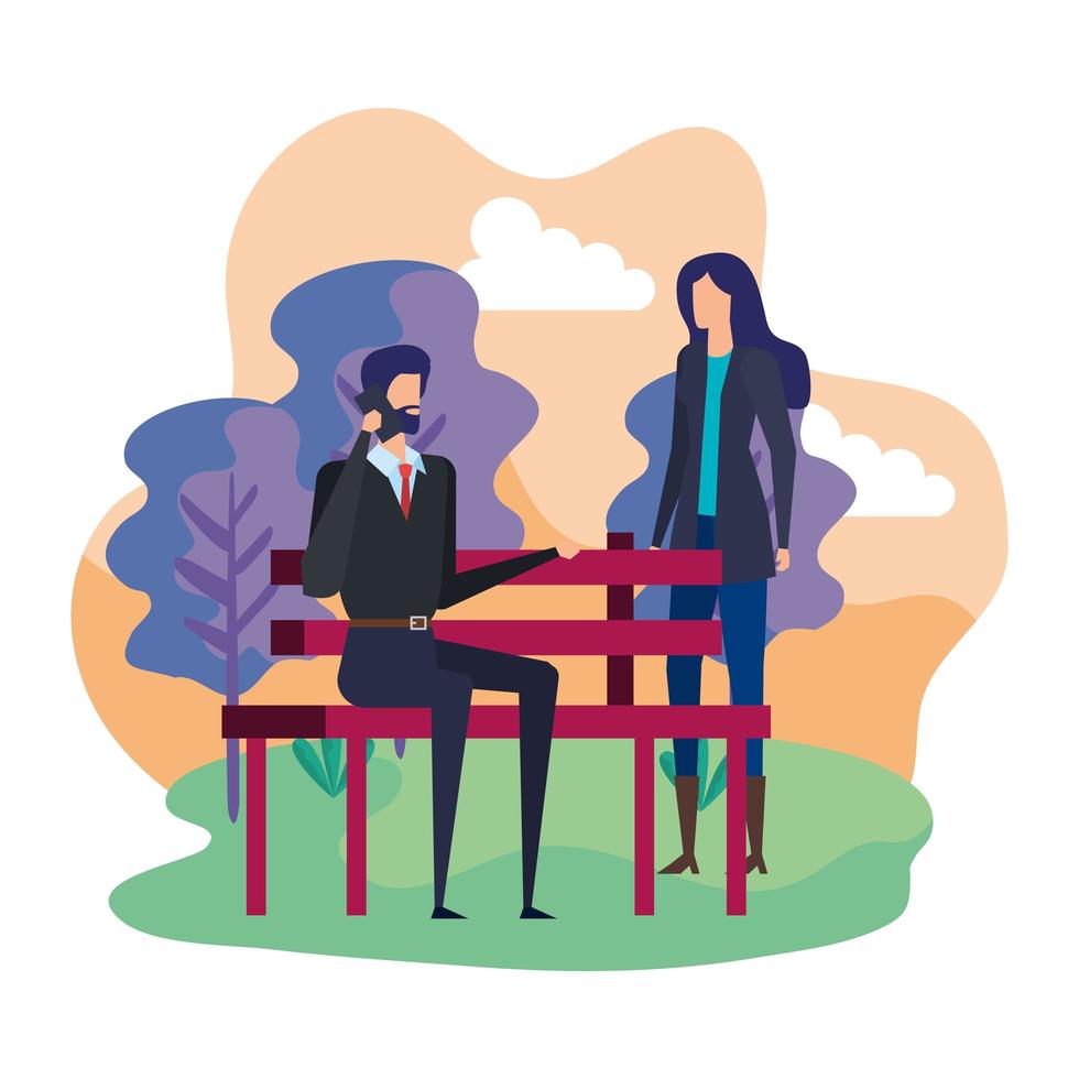 business couple calling with cellphone in the park chair vector