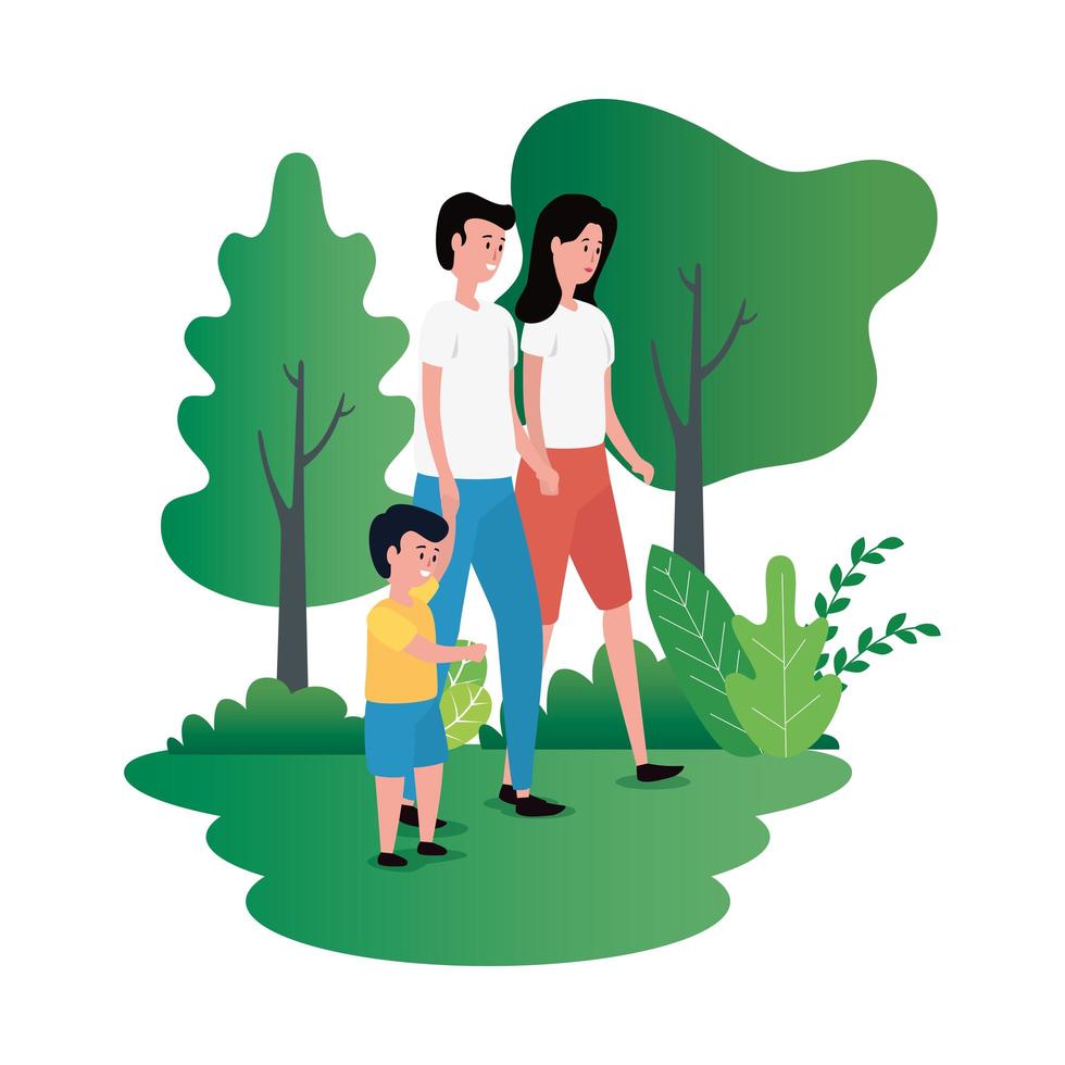 parents couple with little son on the park characters vector