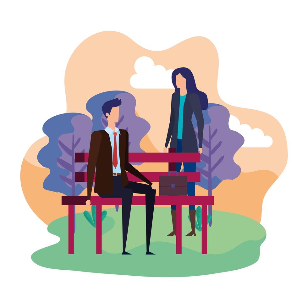 elegant business couple seated in the park chair vector